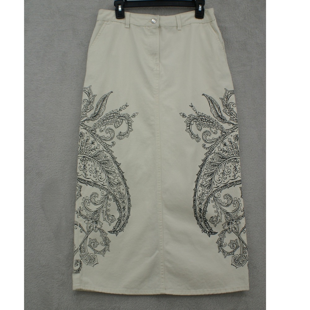 Broadway Paisley Graphic Print Off White Cotton Boho Chic Maxi Skirt Size 6